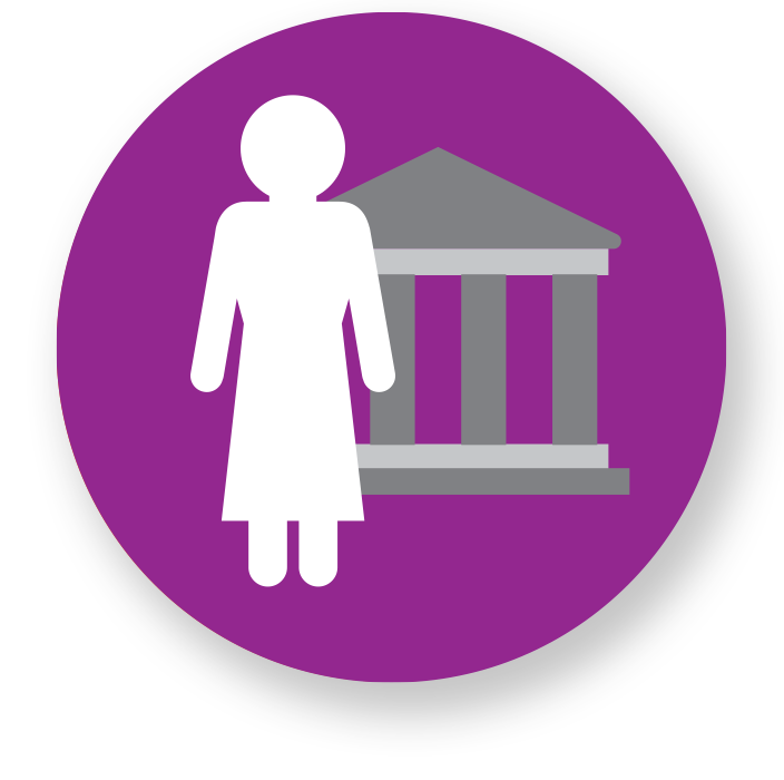 A purple circle with a graphic icon of a woman standing in front of a Government building.