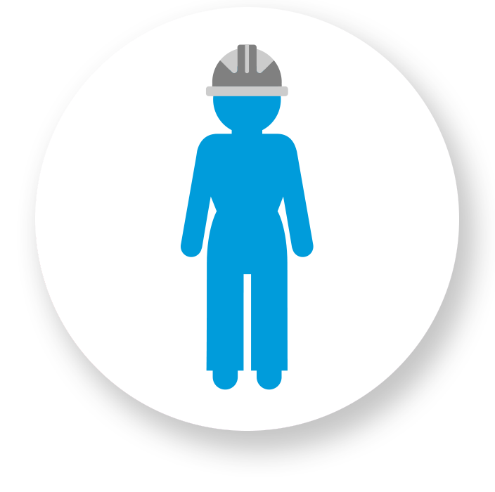 A white circle with a graphic icon of a woman wearing a construction helmet.