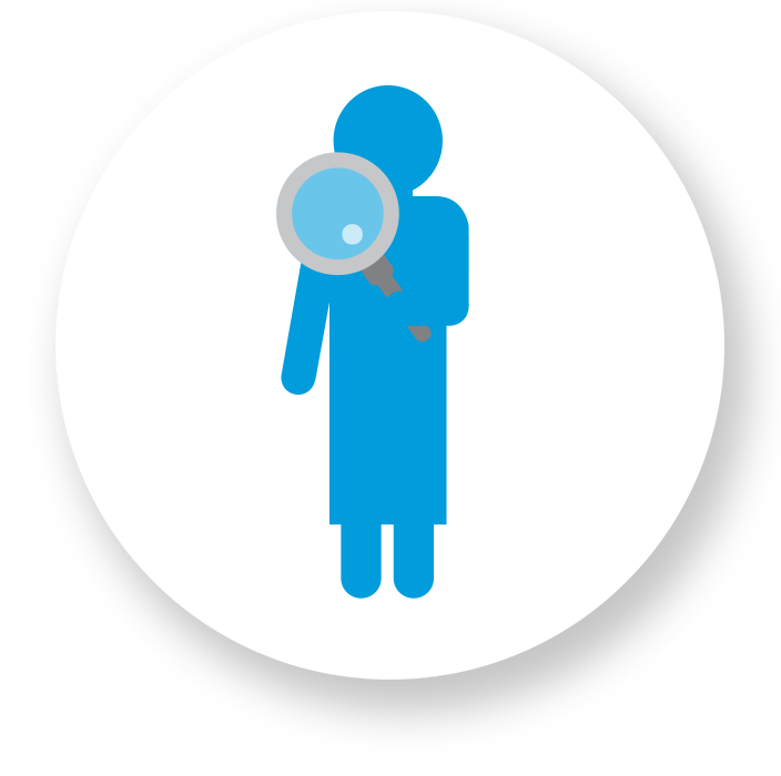A white circle with a graphic icon of a woman holding a magnifying glass.